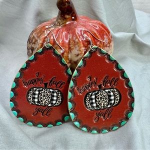 Fall Pumpkin Teardrop Earrings Faux leather Leather Print Turquoise Brown
